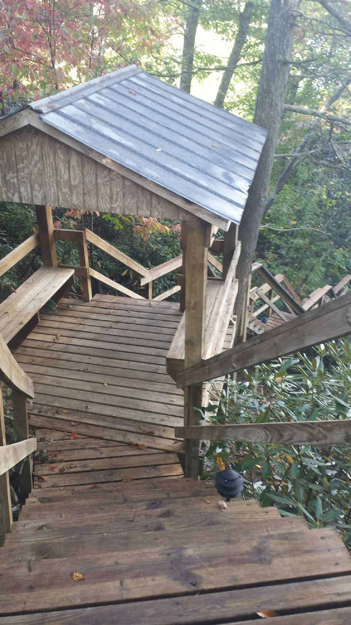 Metal roofed shelter over wooden steps on a wooded walkway — Skylight Repair & Installation work by our crew in Philpot